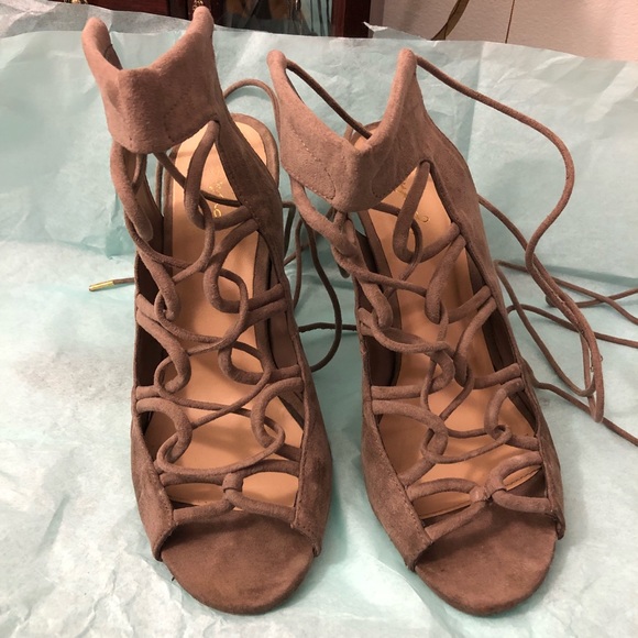 Qupid Shoes - Taupe Lace Up Stilletos